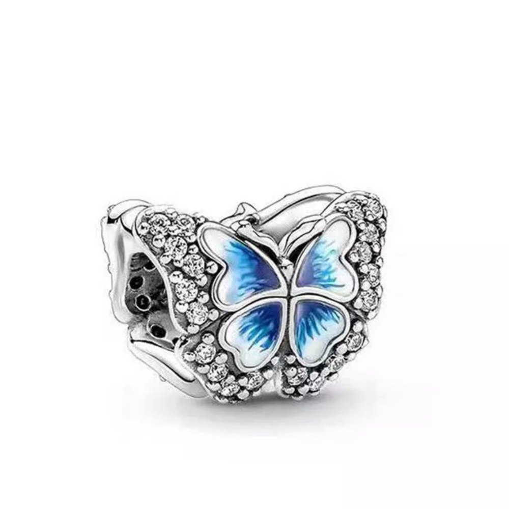 NEW•Silver Butterfly DIY charm w/blue & white enamel